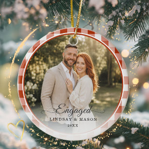 First Christmas Engaged 2 Photo Red Gingham Ceramic Ornament