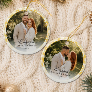 First Christmas Engaged 2 Photo Yellow Gingham Ceramic Ornament
