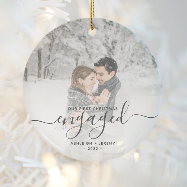 First Christmas Engaged Add Your Photo Grey Script Ceramic Ornament (Creator Uploaded)