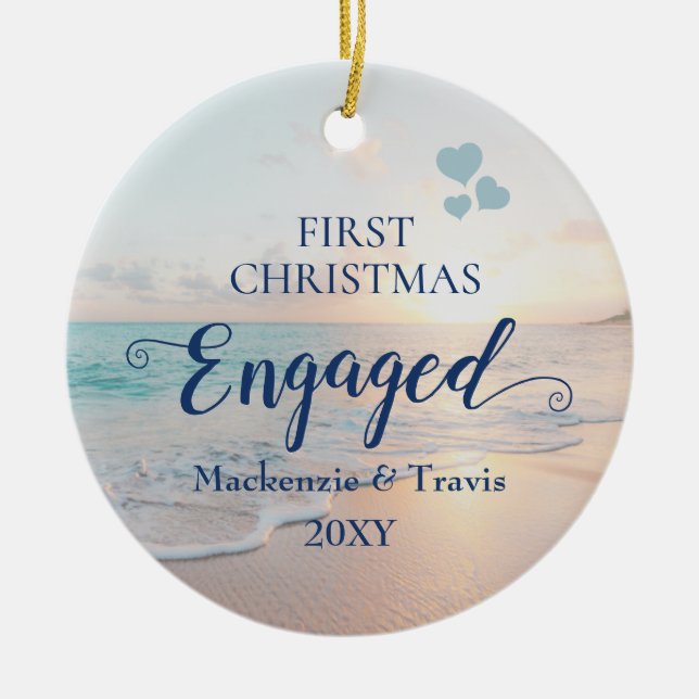 First Christmas Engaged Beach Sunset Ceramic Ornam Ceramic Ornament (Front)