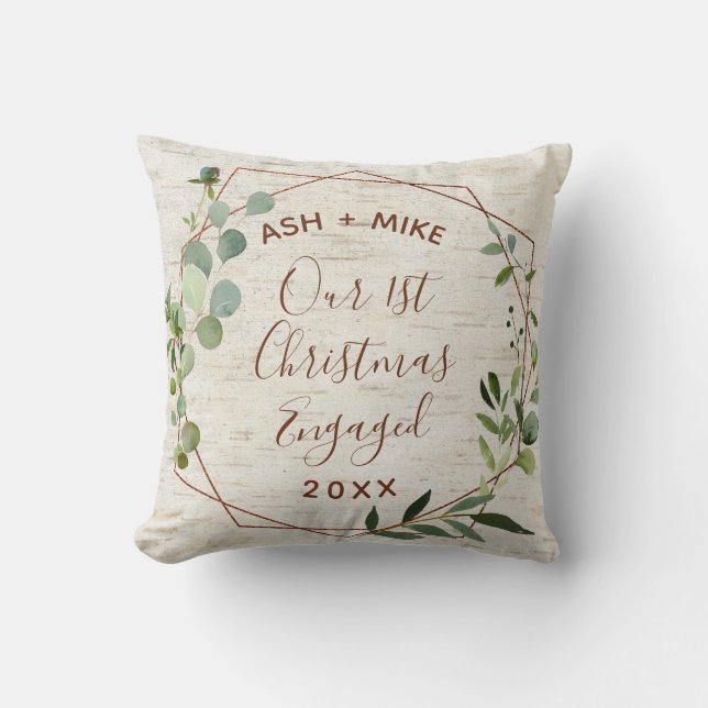 First Christmas Engaged Birch Eucalyptus Photo Cushion (Front)