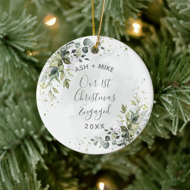 First Christmas Engaged Blue Eucalyptus Photo Ceramic Ornament (Tree)