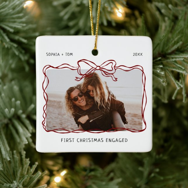 First Christmas Engaged Burgundy Bow Frame Ceramic Ornament (Tree)