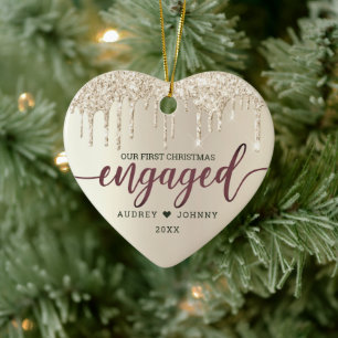 First Christmas Engaged Champagne Glitter Drips  Ceramic Ornament