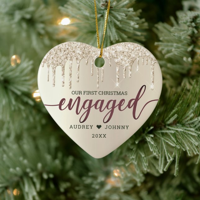 First Christmas Engaged Champagne Glitter Drips  Ceramic Ornament (Tree)