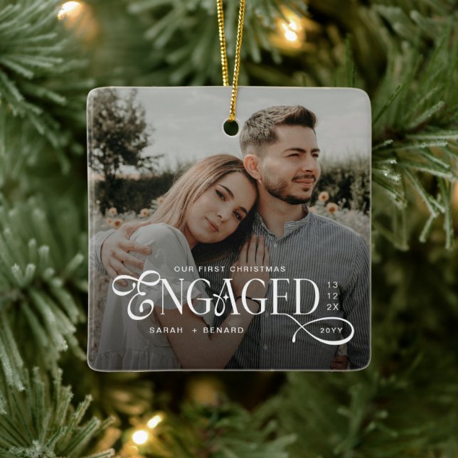 First Christmas Engaged  Chic Couples 2 Photos  Ceramic Ornament (Tree)