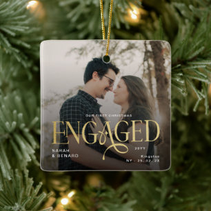 First Christmas Engaged  Chic Couples 2 Photos Ceramic Ornament