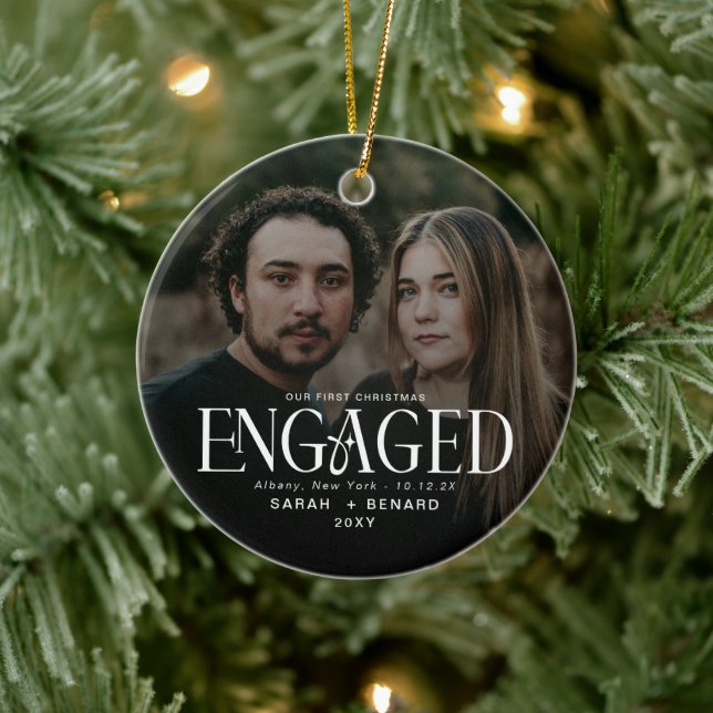 First Christmas Engaged  Chic Couples Photo Cerami Ceramic Ornament (Tree)