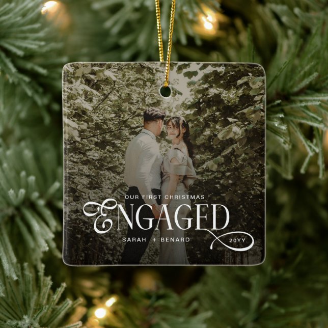 First Christmas Engaged  Chic Couples Photo Ceramic Ornament (Tree)