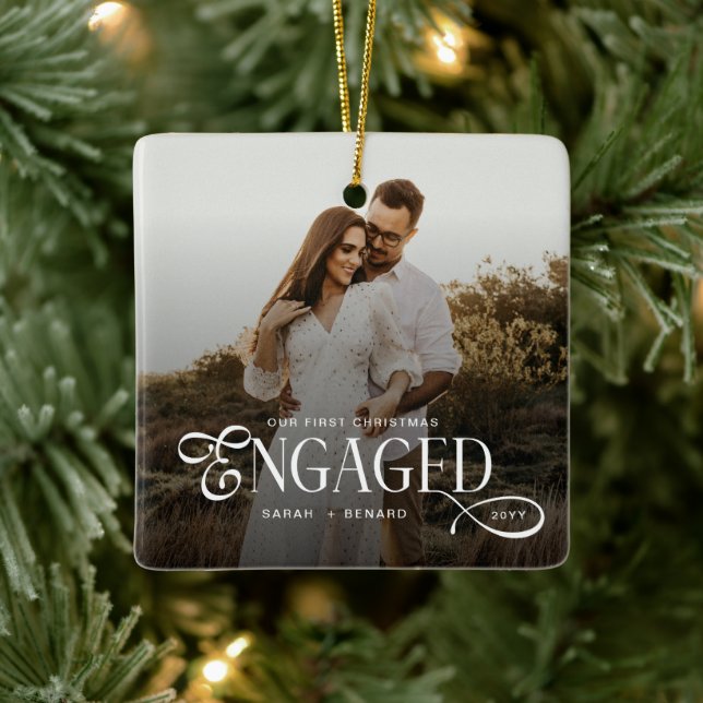 First Christmas Engaged  Chic Couples Photo Ceramic Ornament (Tree)