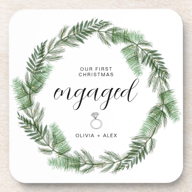 First Christmas Engaged Christmas Gift For Couples Coaster (Front)