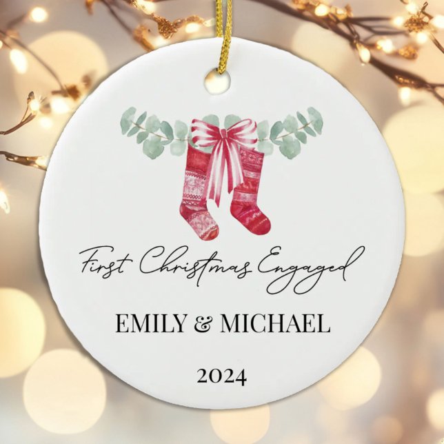 First Christmas Engaged Christmas Stockings Ceramic Ornament (Creator Uploaded)