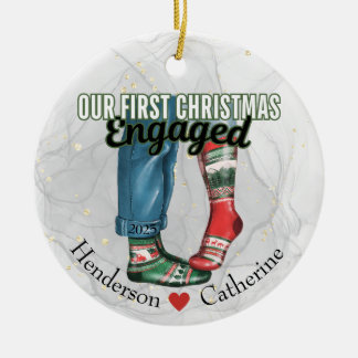 First Christmas Engaged Couple in Socks Ceramic Ornament