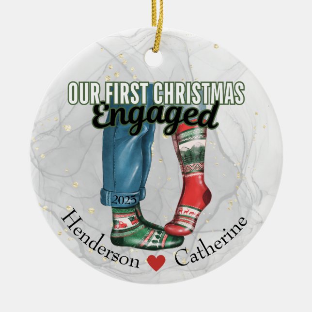 First Christmas Engaged Couple in Socks Ceramic Ornament (Front)