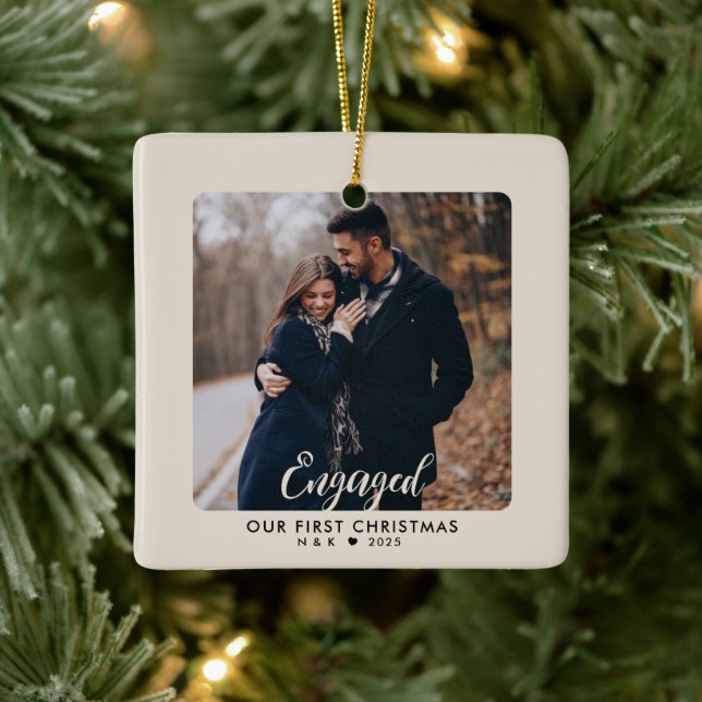 First Christmas Engaged Couple Personalized Photo Ceramic Ornament (Tree)