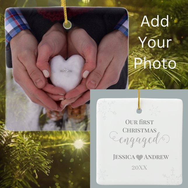 First Christmas Engaged Couple Photo Elegant Ceramic Ornament (First Christmas Engaged Add your Photo and Easily Personalize the Back.)