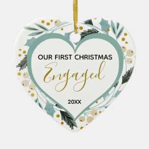 First Christmas Engaged Couple Photo Gold Heart Ceramic Ornament