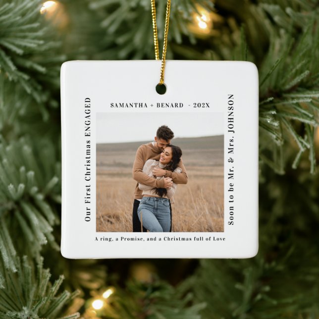 First Christmas Engaged  Couples Photo Ceramic Ornament (Tree)