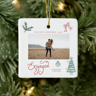 First Christmas Engaged Couples Photo Whimsical Ceramic Ornament