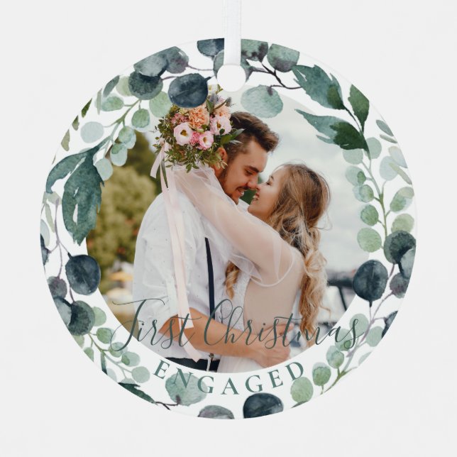 First Christmas engaged custom couple photo  Metal Tree Decoration (Front)
