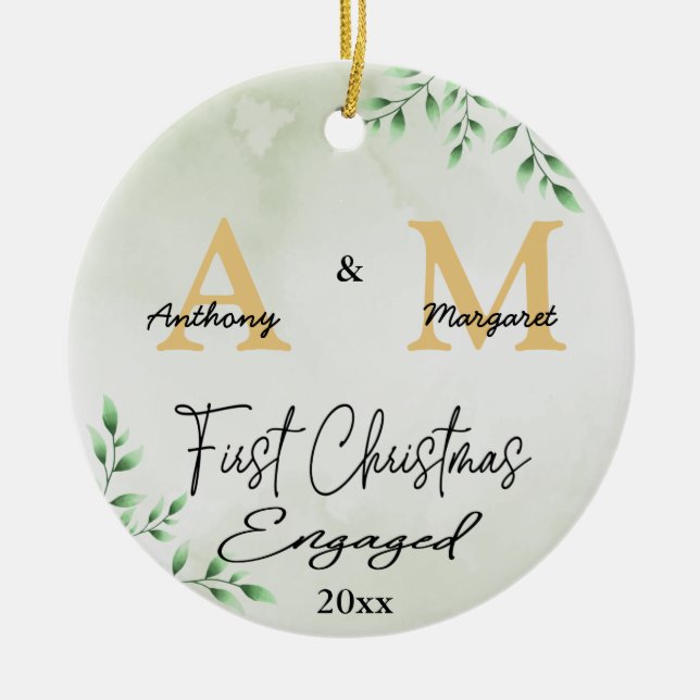 First Christmas Engaged Custom Monogram Name Photo Ceramic Ornament (Front)
