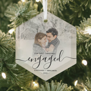 First Christmas Engaged Custom Photo Black Script Glass Tree Decoration