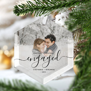 First Christmas Engaged Custom Photo Black Script Glass Tree Decoration