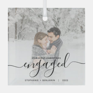 First Christmas Engaged Custom Photo Black Script Glass Tree Decoration