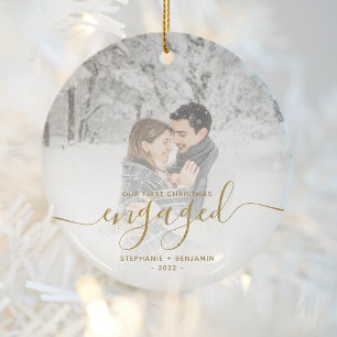 First Christmas Engaged Custom Photo Gold Script Ceramic Ornament