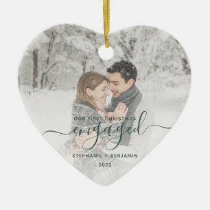 First Christmas Engaged Custom Photo Green Script Ceramic Ornament