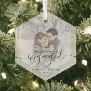First Christmas Engaged Custom Photo Green Script Glass Tree Decoration
