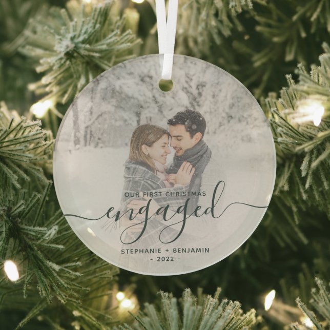 First Christmas Engaged Custom Photo Green Script Glass Tree Decoration (Insitu)