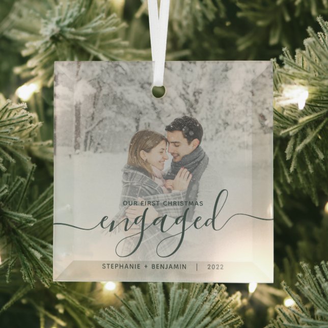 First Christmas Engaged Custom Photo Green Script Glass Tree Decoration (Insitu)