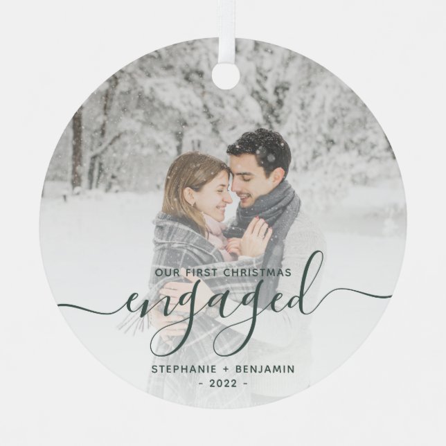 First Christmas Engaged Custom Photo Green Script Metal Tree Decoration (Front)