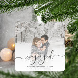 First Christmas Engaged Custom Photo Grey Script Ceramic Ornament<br><div class="desc">Commemorate your engagement with this beautiful modern keepsake ornament. The grey text reads "Our first Christmas engaged, " with the word "engaged" in elegant handwriting script with flourishes before and after. Replace the sample image with your favourite photo, and add your names and the year. A white gradient filter helps...</div>