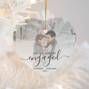 First Christmas Engaged Custom Photo Grey Script Ceramic Ornament