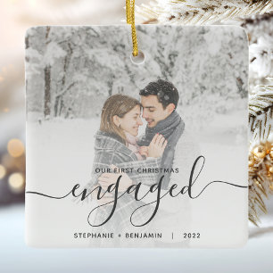 First Christmas Engaged Custom Photo Grey Script Ceramic Ornament