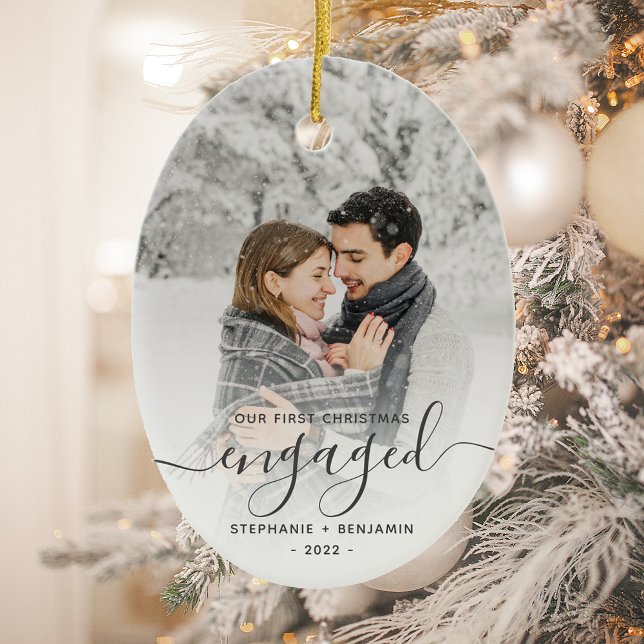 First Christmas Engaged Custom Photo Grey Script Ceramic Ornament (Creator Uploaded)