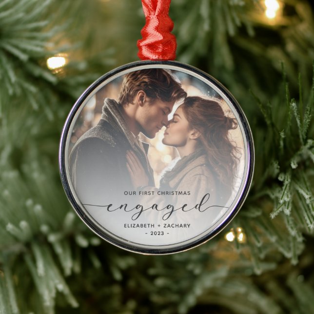 First Christmas Engaged Custom Photo Grey Script Metal Ornament (Tree)