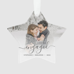 First Christmas Engaged Custom Photo Grey Script Ornament