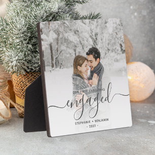 First Christmas Engaged Custom Photo Grey Script Plaque