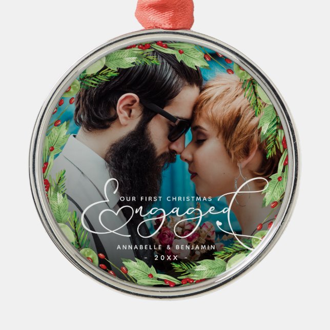 First Christmas Engaged Custom Photo  Metal Orname Metal Ornament (Front)