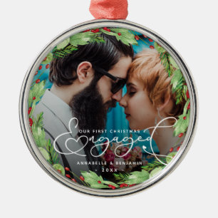 First Christmas Engaged Custom Photo  Metal Orname Ornament