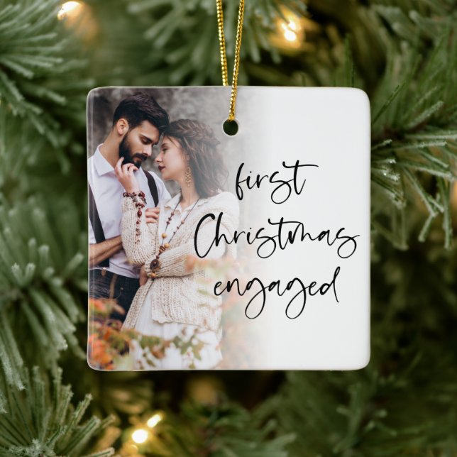 First Christmas Engaged Custom Photo Overlay Ceramic Ornament (Tree)