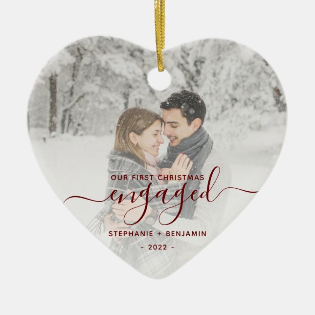 First Christmas Engaged Custom Photo Red Script Ceramic Ornament (Front)