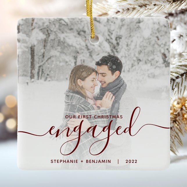 First Christmas Engaged Custom Photo Red Script Ceramic Ornament (Creator Uploaded)