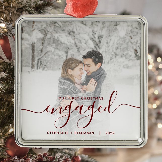 First Christmas Engaged Custom Photo Red Script Metal Ornament (Creator Uploaded)