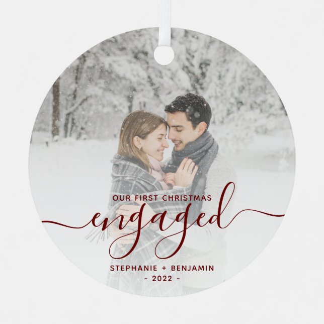 First Christmas Engaged Custom Photo Red Script Metal Tree Decoration (Front)