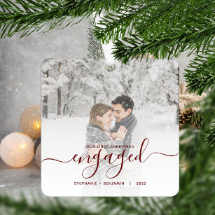 First Christmas Engaged Custom Photo Red Script Metal Tree Decoration