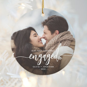 First Christmas Engaged Custom Photo White Script Ceramic Ornament